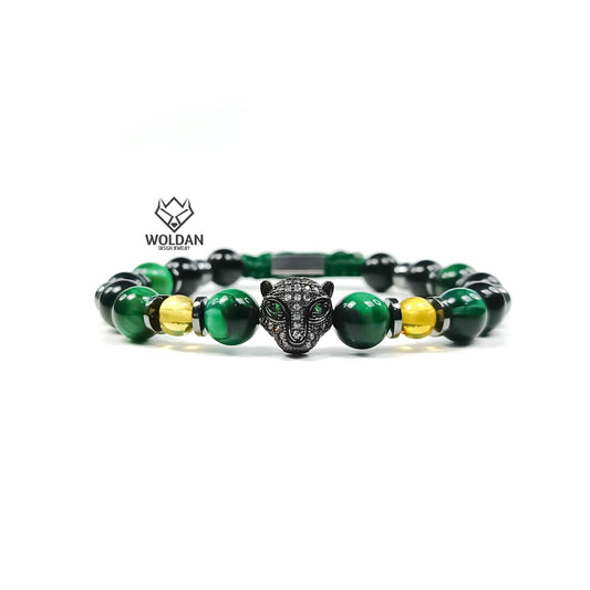 Pulsera verde deluxe con ámbar felino
